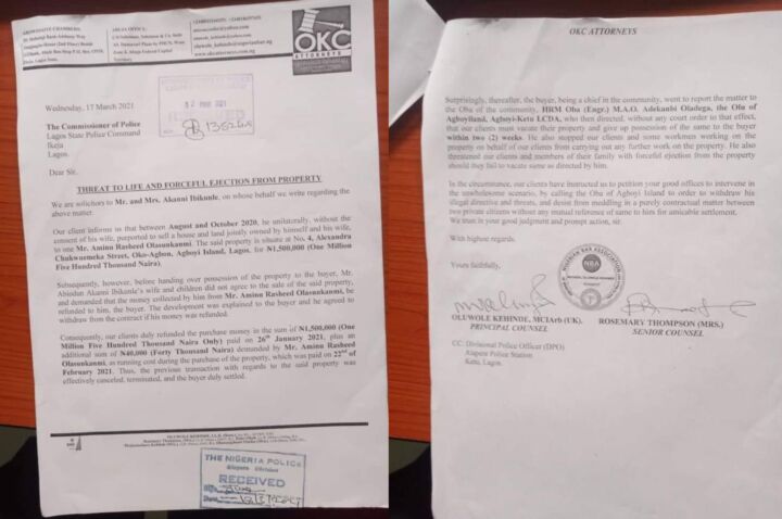 OKC Attorneys' Letter to Lagos Police Commissioner over Threat to Life and Falseful Ejection from Property